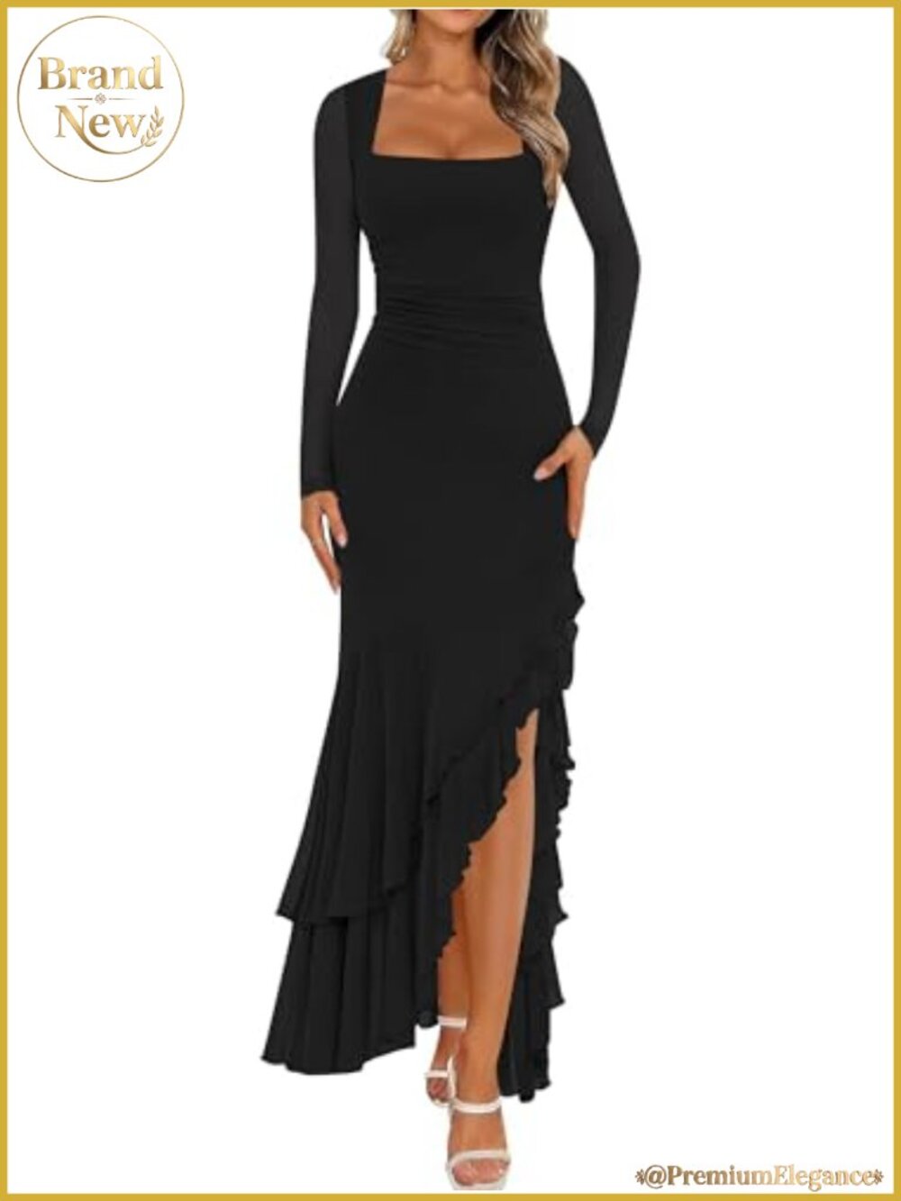 Women's Mesh Long Sleeve Bodycon Maxi Dress Tiered Ruffle High Slit